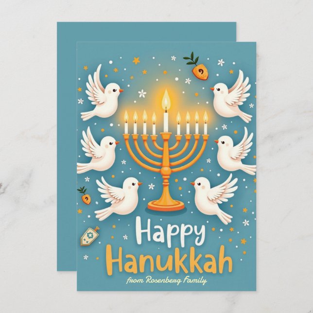 Cartão De Festividades ✡️Happy Hanukkah Doves, Doughnuts & Drama (Frente/Verso)