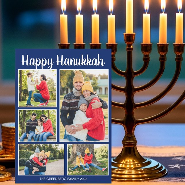 Cartão De Festividades Happy Hanukkah Family Photo Collage Blue Pattern (Criador carregado)