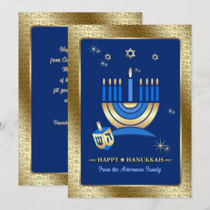 Cartão De Festividades Happy Hanukkah. Gold Menorah & Dreidel Card