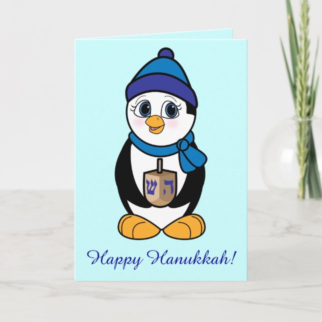 Cartão De Festividades Happy Hanukkah Penguin and Dreidel (Frente)