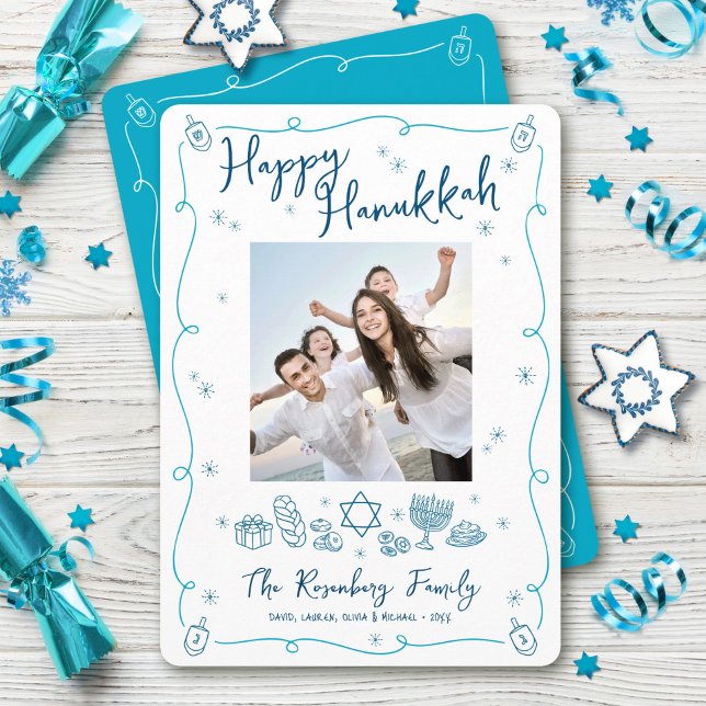 Cartão De Festividades Happy Hanukkah Photo Whimsical Hand Drawn Doodles (Criador carregado)