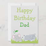 Cartão De Festividades Happy Hippo and Elephant Dad birthday<br><div class="desc">A Happy birthday card for dad, this item features a gray background with green grass, a green font, and an elephant and hippo. "Happy Birthday Dad" is written in lovely green font. On the back is a place for inserting your family photo. Personalize yours today! Clipart: JoKavanaghDesigns https://www.etsy.com/shop/JoKavanaghDesigns Stock Photo:...</div>