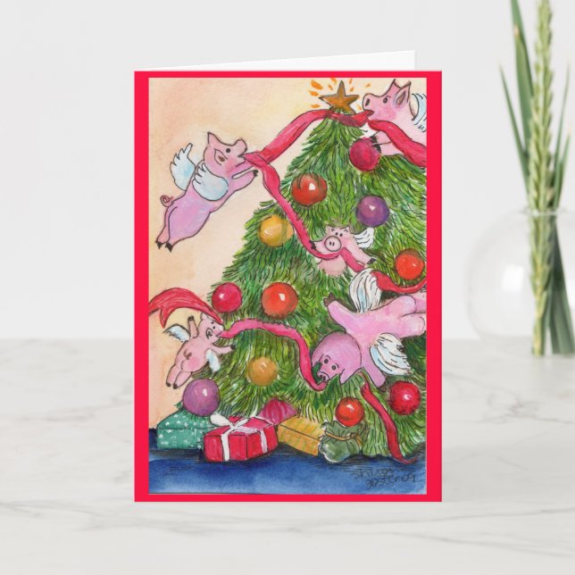 Cartão De Festividades Happy Holiday Flying Pigs DecorateTree (Frente)
