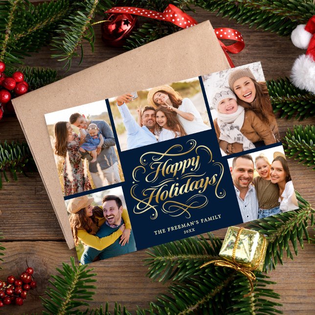 Cartão De Festividades Happy Holidays Blue & Gold 5 Photo Collage Card (Criador carregado)