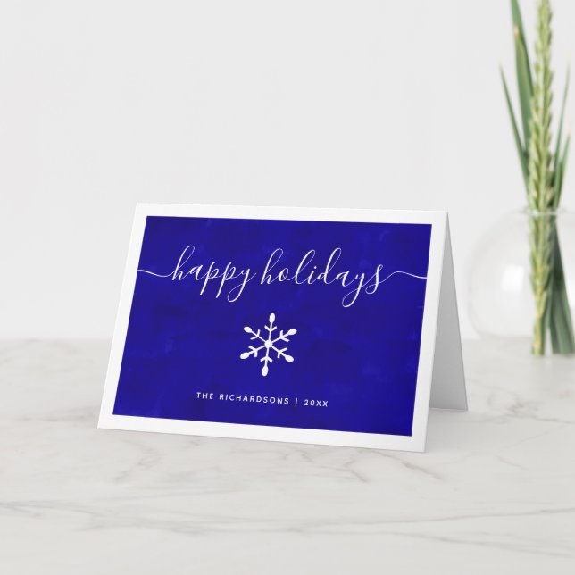 Cartão De Festividades Happy Holidays | Blue Watercolor with Script (Frente)
