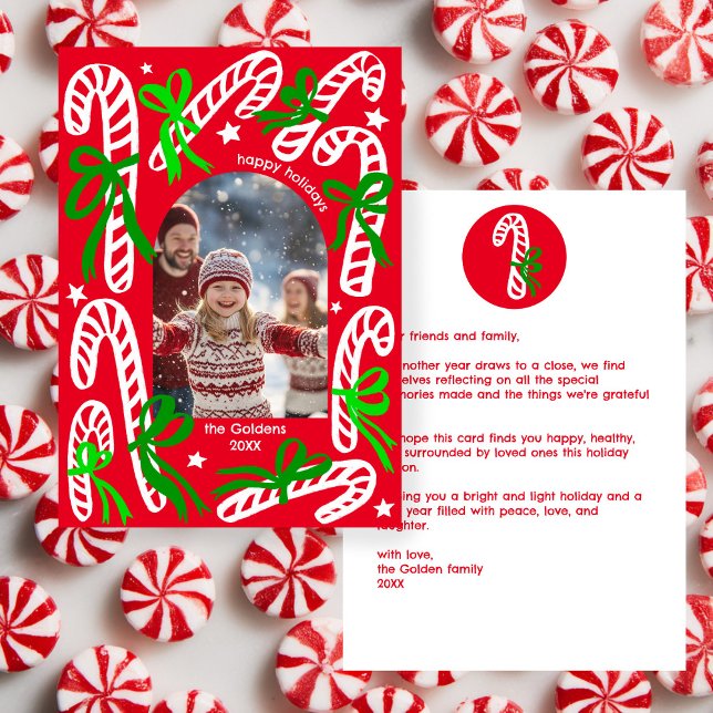 Cartão De Festividades Happy Holidays Candycanes CUSTOM PHOTO Christmas (Happy Holidays Candycanes CUSTOM Arch PHOTO Christmas Holiday Card
)