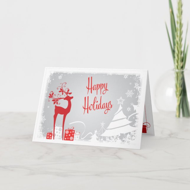 Cartão De Festividades Happy Holidays Card | Red, Gray, White Deer (Frente)