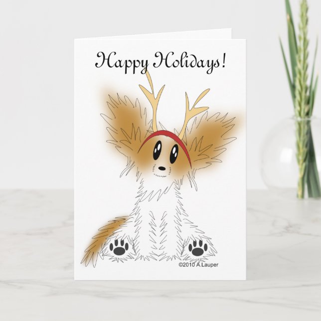 Cartão De Festividades Happy Holidays Christmas Papillon Puppy Card (Frente)