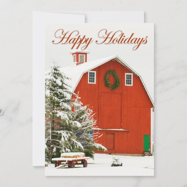 Cartão De Festividades Happy Holidays - Festive red barn in fresh snow (Frente)