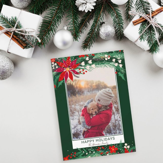 Cartão De Festividades Happy holidays floral wreath snow photo (Criador carregado)