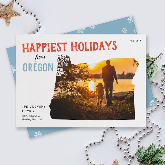 Cartão De Festividades Happy Holidays from Oregon Photo Card (From the state of Oregon with love two photo Christmas holiday card and moving announcement)