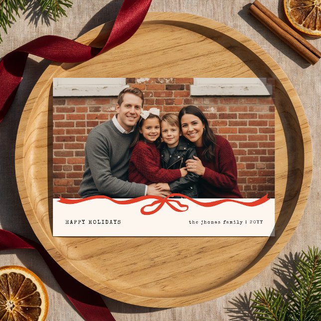Cartão De Festividades Happy Holidays Gingham Bow Family Photo Christmas (Criador carregado)