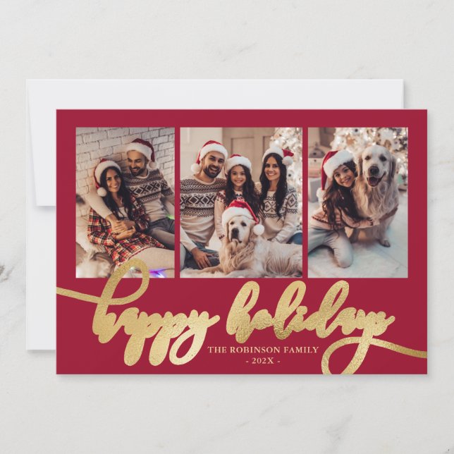 Cartão De Festividades Happy Holidays Gold Script 3 Photo Collage Red  (Frente)
