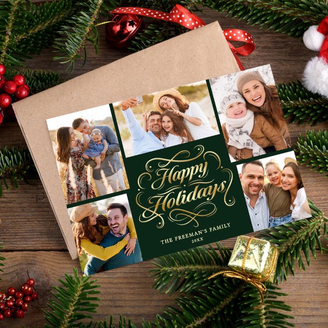 Cartão De Festividades Happy Holidays Green & Gold 5 Photo Collage Card (Criador carregado)