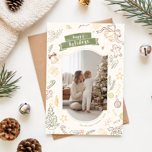 Cartão De Festividades Happy Holidays Hand Drawn Family Christmas Photo (Criador carregado)