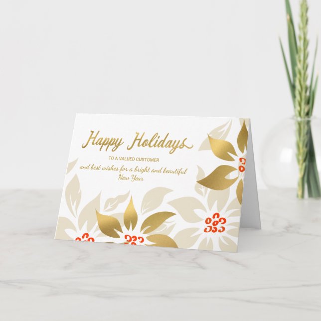 Cartão De Festividades Happy Holidays Modern Poinsettia Faux Gold Foil (Frente)