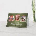 Cartão De Festividades Happy Holidays Photo Holiday Chalkboard Green Red<br><div class="desc">Happy holidays photo greeting cards, by red_dress, featuring the words "Happy Holidays", in white and retro shadow font, a thin white border / line, a white ribbon / banner and three photos template (top), with cute and patterned washi tape (red and white polka dots, red and white diagonal stripes patterns),...</div>