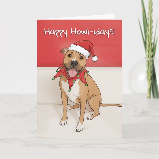 Cartão De Festividades Happy Holidays Pit Bull Dog Drawing in Santa Hat  (Frente)