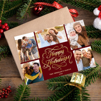 Cartão De Festividades Happy Holidays Red & Gold 5 Photo Collage Card