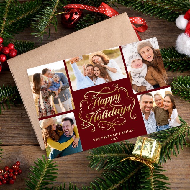 Cartão De Festividades Happy Holidays Red & Gold 5 Photo Collage Card (Criador carregado)