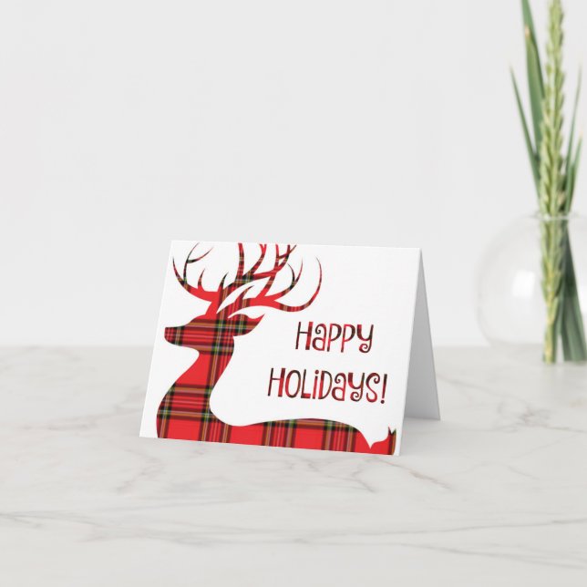 Cartão De Festividades Happy Holidays!  Red Plaid Reindeer (Frente)