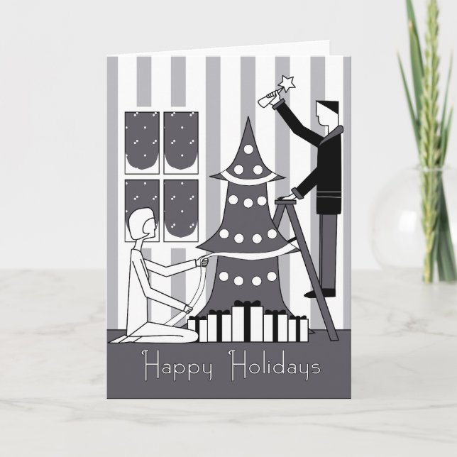 Cartão De Festividades "Happy Holidays" tree decorating (Frente)