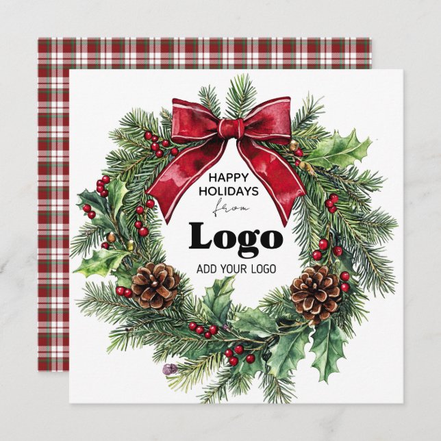 Cartão De Festividades Happy Holidays Wreath Business Logo Bulk Custumer (Frente/Verso)