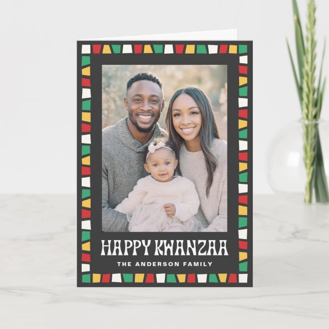 Cartão De Festividades Happy Kwanzaa red green yellow mosaic border photo (Frente)
