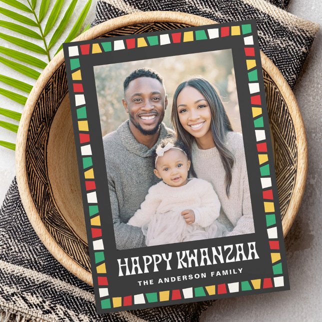 Cartão De Festividades Happy Kwanzaa red green yellow mosaic border photo (Happy Kwanzaa red green yellow mosaic border photo Holiday Card)