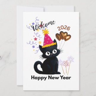 Cartão De Festividades Happy New Year 2026 Black Cat Card 