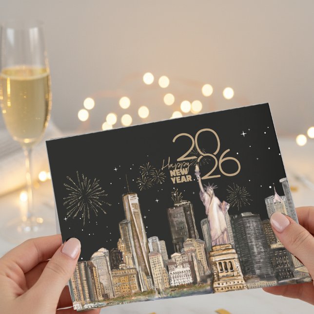 Cartão De Festividades Happy New Year 2026! NYC Skyline | Gold Fireworks ( Happy New Year 2026! NYC Skyline _ Gold Fireworks Holiday Card )