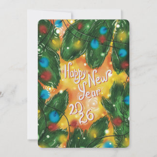 Cartão De Festividades Happy New Year 2026 Pine Branches & Lights