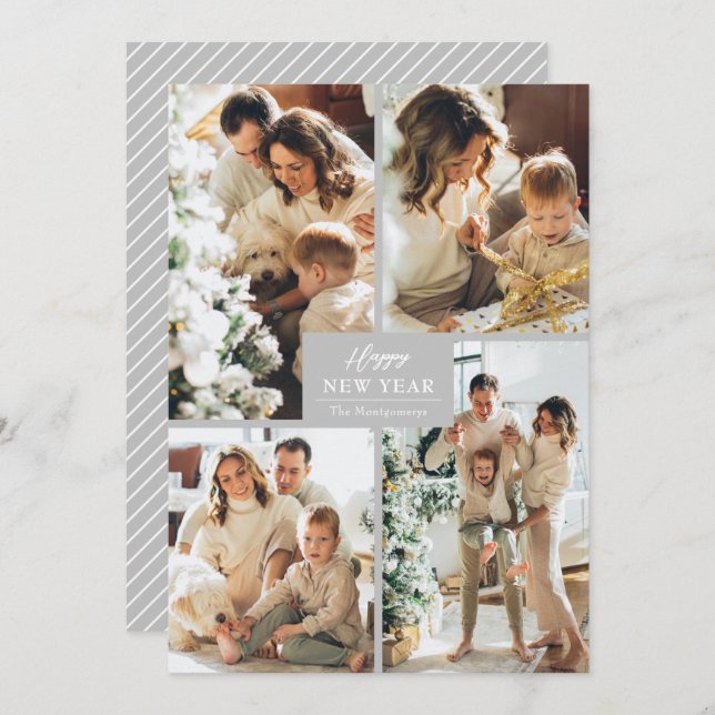 Cartão De Festividades Happy New Year 4 Photo Collage (Frente/Verso)