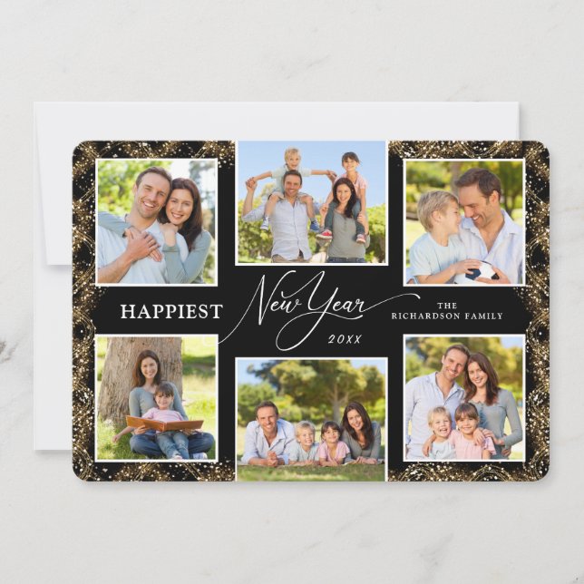 Cartão De Festividades Happy New Year 6 Photos Faux Glitter (Frente)