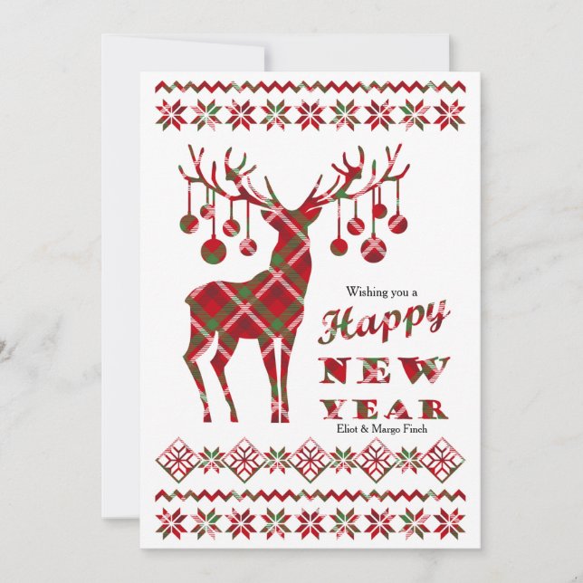 Cartão De Festividades Happy New Year Checkered Reindeer Holiday Card (Frente)