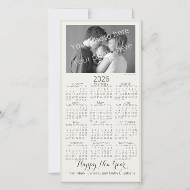 Cartão De Festividades Happy New Year Elegant 2026 Calendar Your Photo (Frente)
