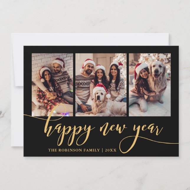Cartão De Festividades Happy New Year Gold Script 3 Photo Collage Black  (Frente)