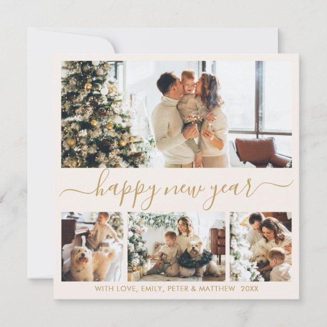 Cartão De Festividades Happy New Year Gold Script 4 Photo Collage Neutral (Frente)