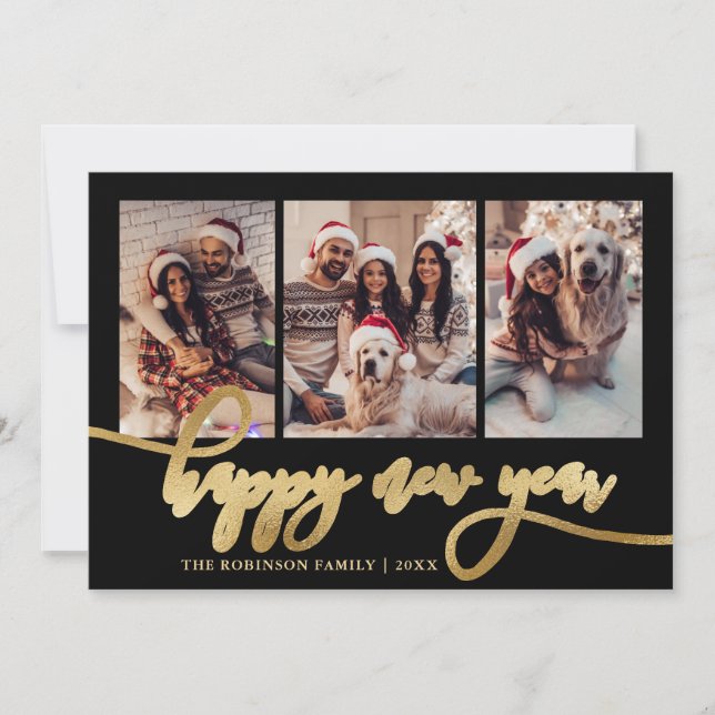 Cartão De Festividades Happy New Year Gold Script Black 3 Photo Collage  (Frente)