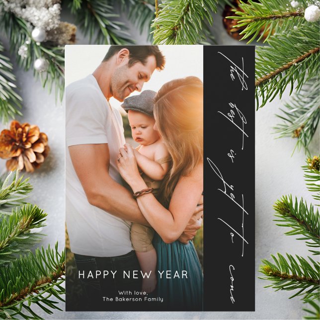 Cartão De Festividades Happy New Year Handwritten Script Black Photo (Criador carregado)