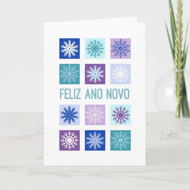 Cartão De Festividades Happy New Year Modern Snowflakes Portuguese (Frente)
