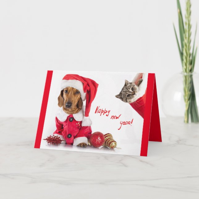 Cartão De Festividades Happy new year post card with picture of pets. (Frente)