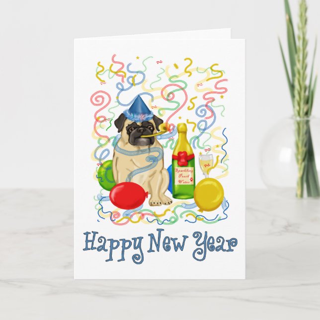 Cartão De Festividades Happy New Year Pug (Frente)