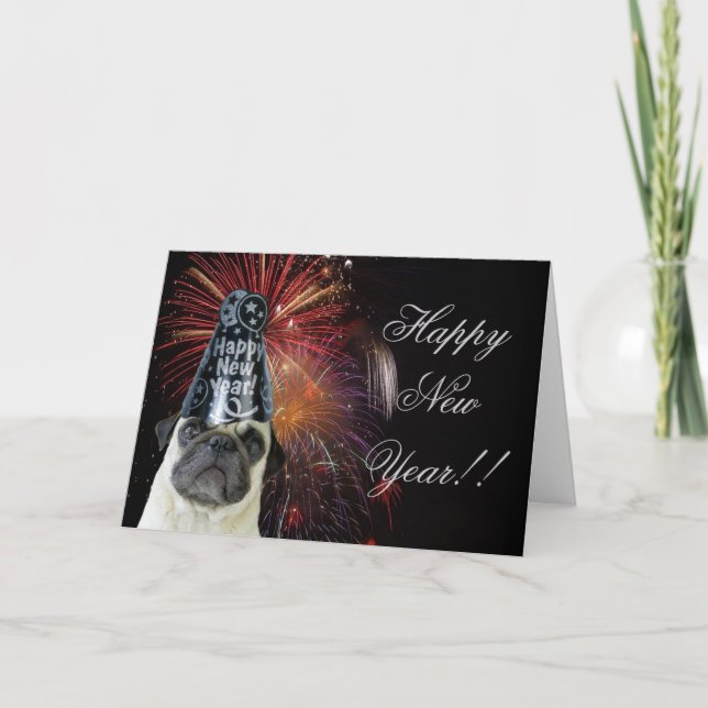 Cartão De Festividades Happy New Year pug greeting card (Frente)