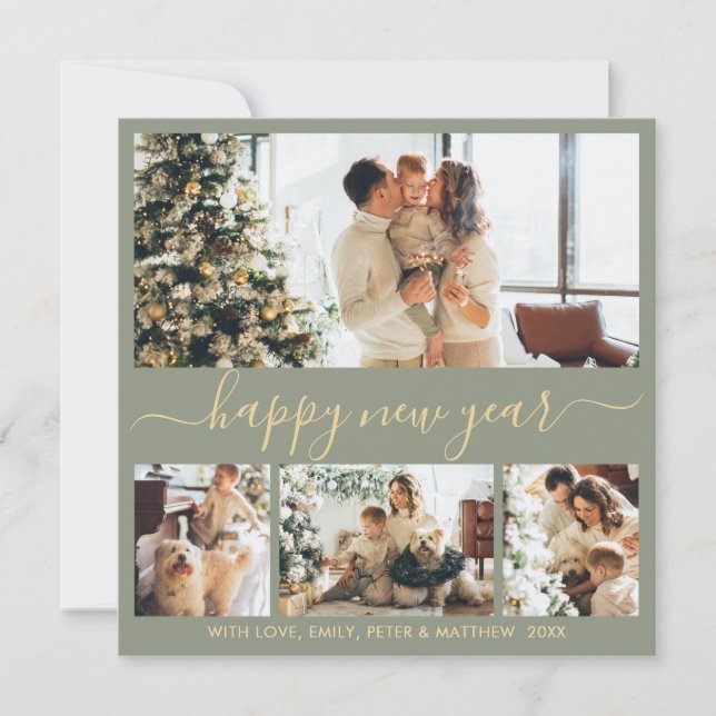 Cartão De Festividades Happy New Year Script 4 Photo Collage Sage Green (Frente)