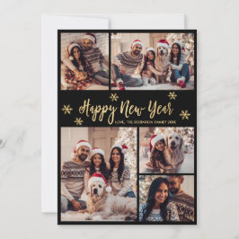 Cartão De Festividades Happy New Year Snowflake Black Gold Photo Collage 