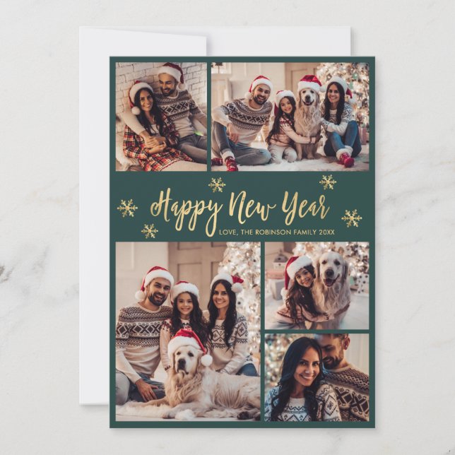 Cartão De Festividades Happy New Year Snowflake Green Gold Photo Collage (Frente)