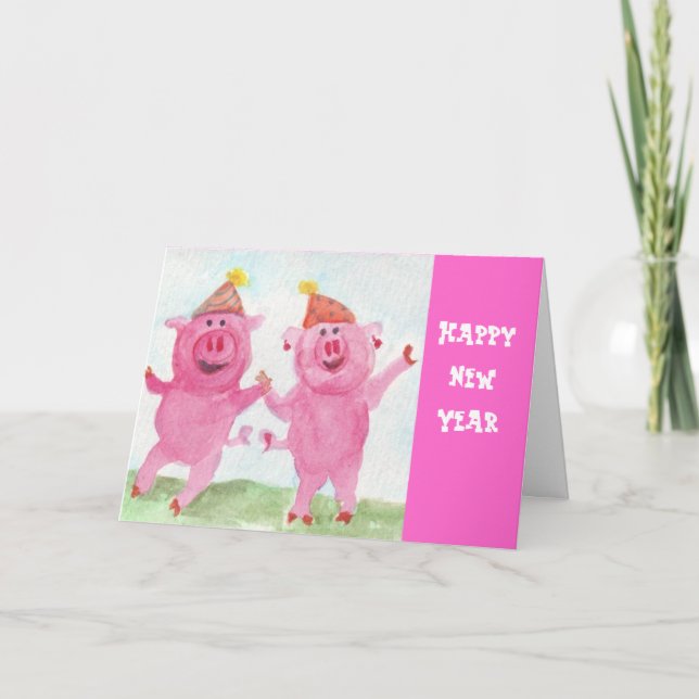 Cartão De Festividades Happy New Year with the Party Pigs (Frente)