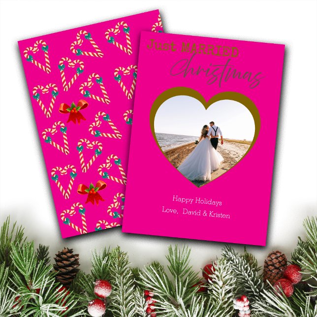 Cartão De Festividades Happy Pink Just Married Christmas Custom Photo (Criador carregado)