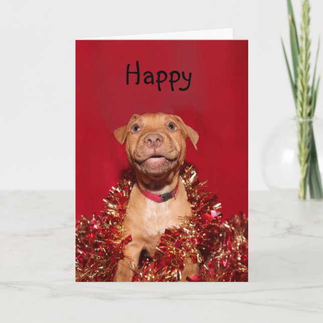 Cartão De Festividades Happy pitbull puppy Christmas (Frente)